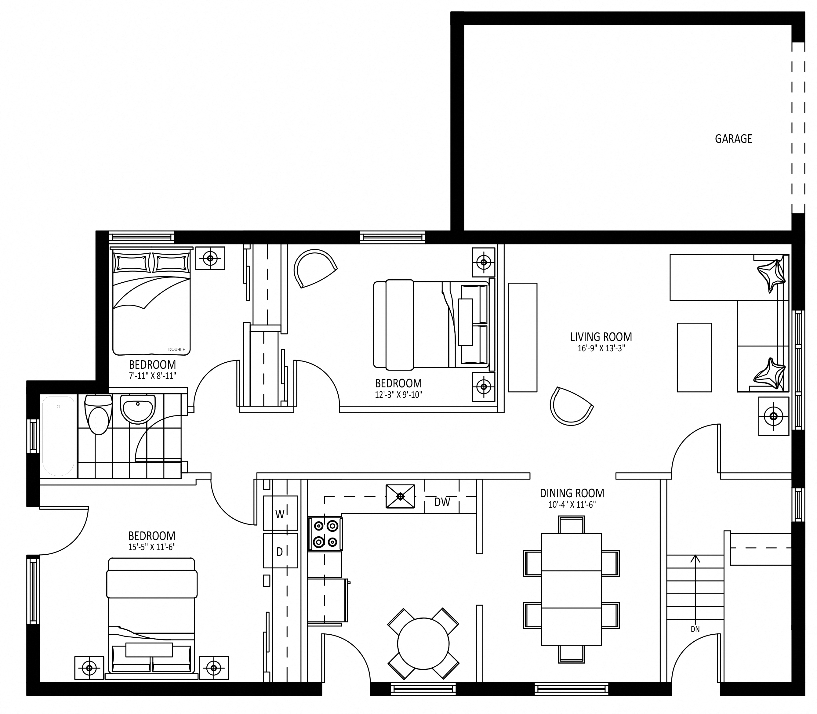 Floor plan for 3 beds, 1 bath